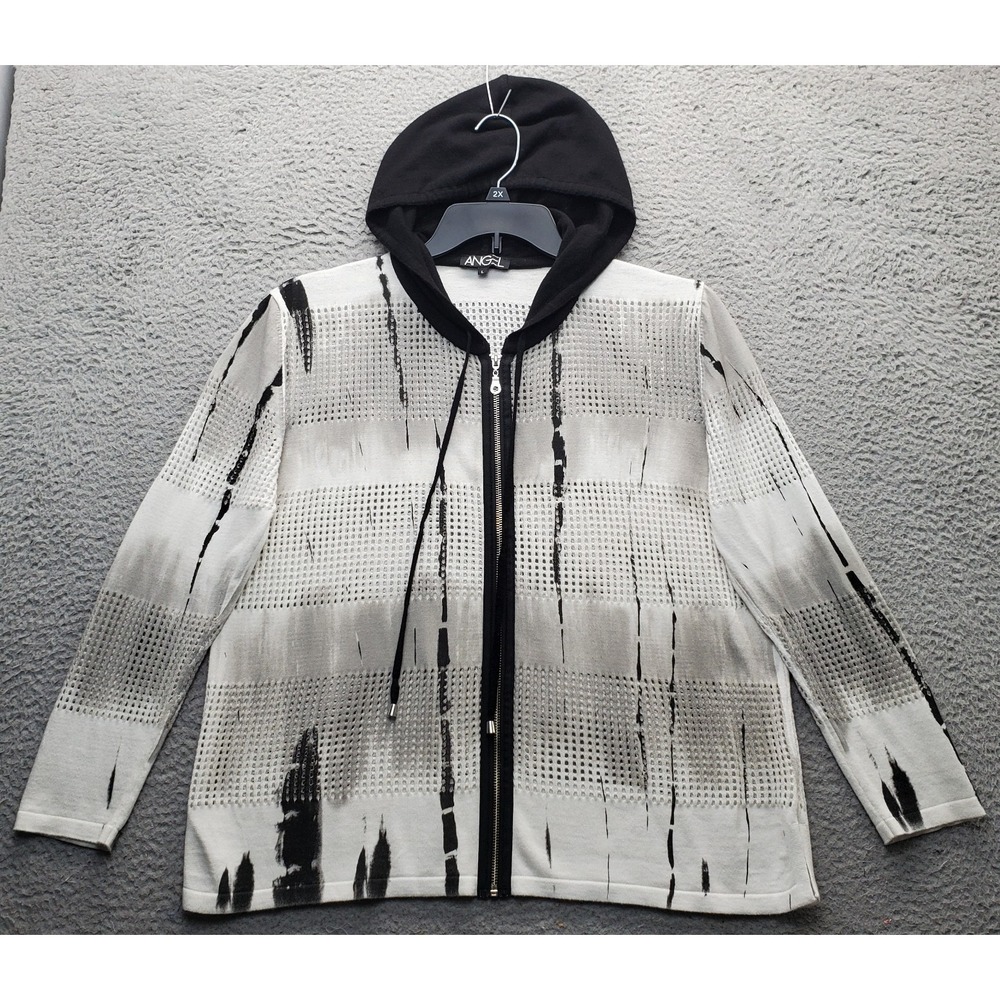 Angel Hoodie Women L Multi Abstract Striped Eyelet Mesh Slit Drawstring Full Zip